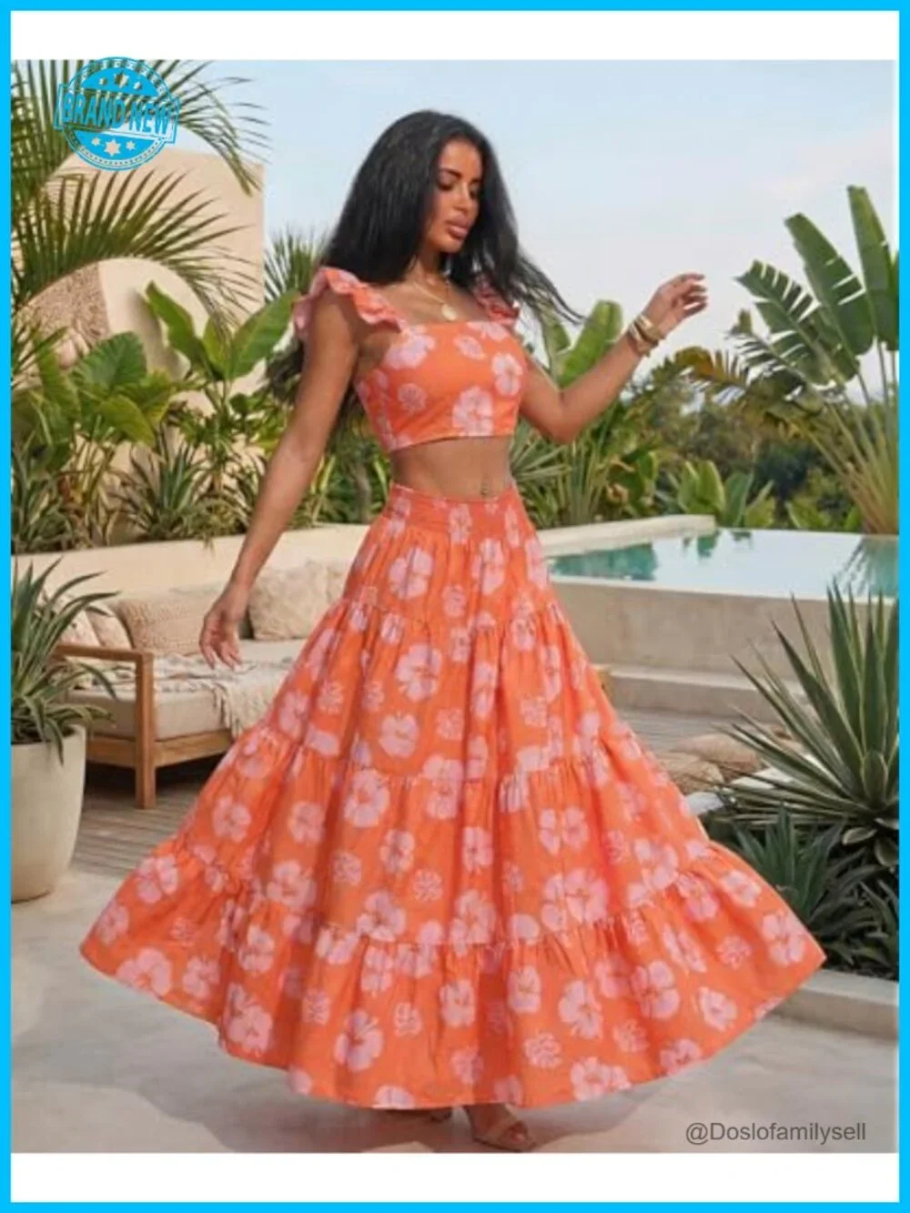2-Piece Maxi Skirt Set Tropical Floral Boho Vacation Outfit High Waist Ruffle